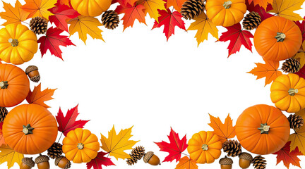 Hanging Garland of many maple leaves, white and yellow pumpkins, acorns, ears of wheat on a white plain background. Decoration for Halloween or Thanksgiving.