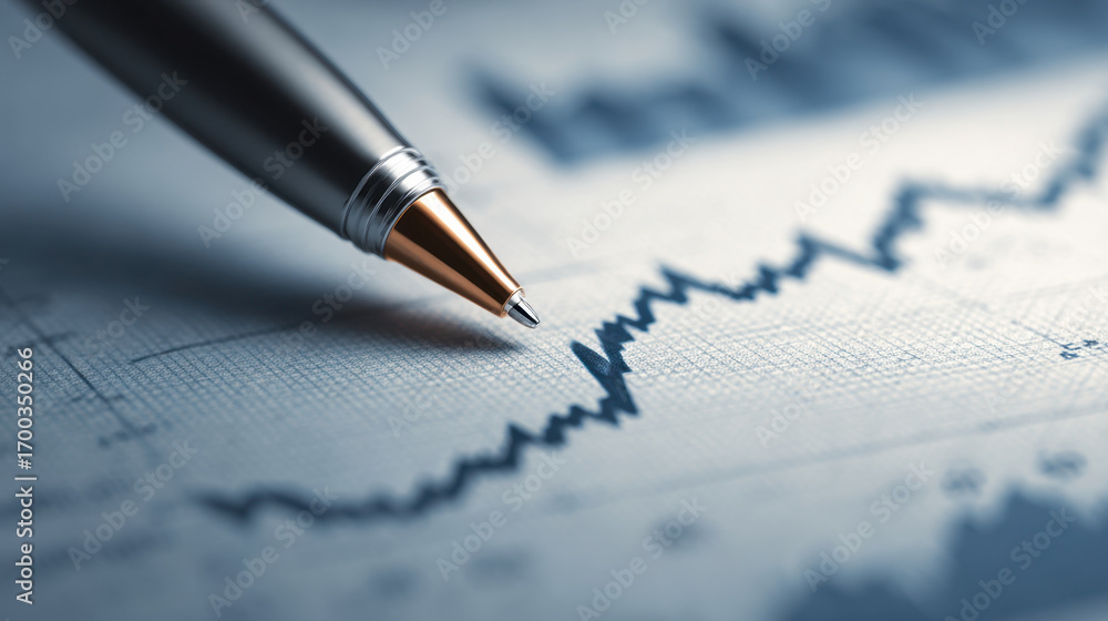 Poster Close up view of pen resting on financial chart, showcasing rising graph line. This conveys sense of analysis and decision making in finance