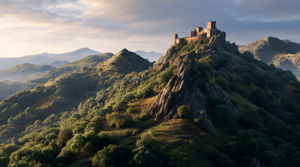 Naklejka premium Aerial view of a castle perched atop a mountain range with lush green vegetation
