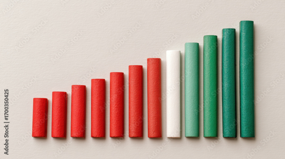 Poster colorful bar graph representing growth, featuring red, white, and green bars arranged in ascending o