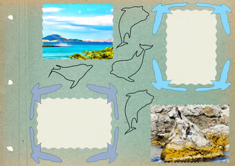 Photo album layout with empty photo frames. Page from old photo album for photos. Scrapbooking style composition on theme of vacation and travel. Sea, beach, emotions. Theme of vacation and travel.