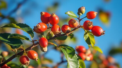 Vibrant red berries on a branch against a bright blue sky in autumn days