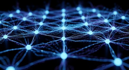 Abstract Artificial Intelligence Neural Network with Glowing Blue Nodes and Interconnected Data Lines on Dark Background
