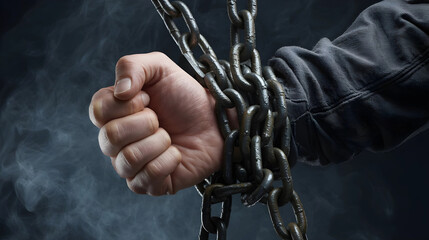 Fist tightened by heavy metal chains symbolizing struggle confinement and restriction