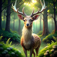 3D image of a stunning deer with large antlers in a vibrant, green forest, featuring silky brown fur and white patches.