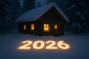 Warm lights illuminating snowy landscape at night near a cozy wooden cabin in a forest, celebrating new year 2026