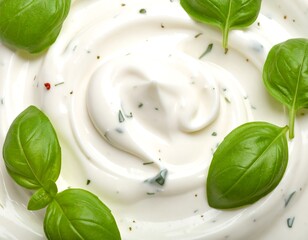 Close-up view of a creamy white sauce, swirled with fresh basil leaves and seasonings.