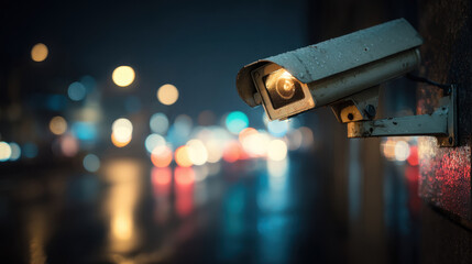 Surveillance camera mounted on wall, capturing rainy night scene with blurred city lights in background, creating moody atmosphere