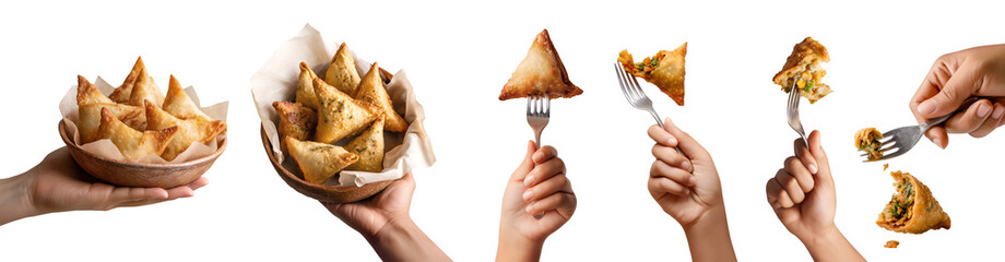 Set of hand holding samosa, crispy fried baked pastry with vegetable meat spice filling, takeaway plate bowl, with fork, pile stack bite broken, isolated transparent cutout PNG. Many different mockup