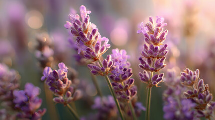 Obraz premium Lavender flowers bloom vibrant purple hues, creating serene and calming atmosphere. delicate petals and soft light enhance beauty of this natural scene, evoking feelings of tranquility and peace