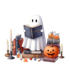 An illustration of a spooky, orange pumpkin decoration with a jack-o'-lantern face, a witch, and bats on a dark Halloween night