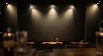 Mockup of dimly lit restaurant interior with spotlights illuminating a dark wall and tables for commercial usage