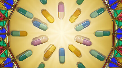 immune. Vibrant floating vitamin capsules in a kaleidoscopic pattern against a radiant backdrop. STEM education sheets, lab safety posters, designed for STEM education and laboratory safety posters.