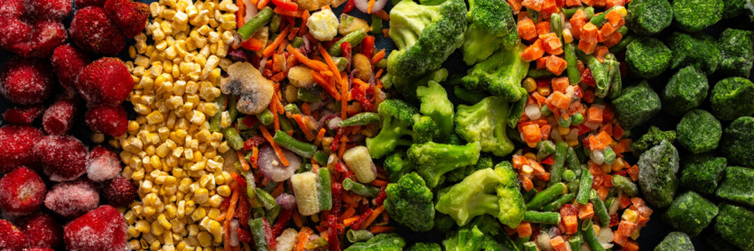 A vibrant, colorful banner showcasing frozen fruits and vegetables, symbolizing the preparation of fresh produce for the winter season with an emphasis on healthy, organic preservation