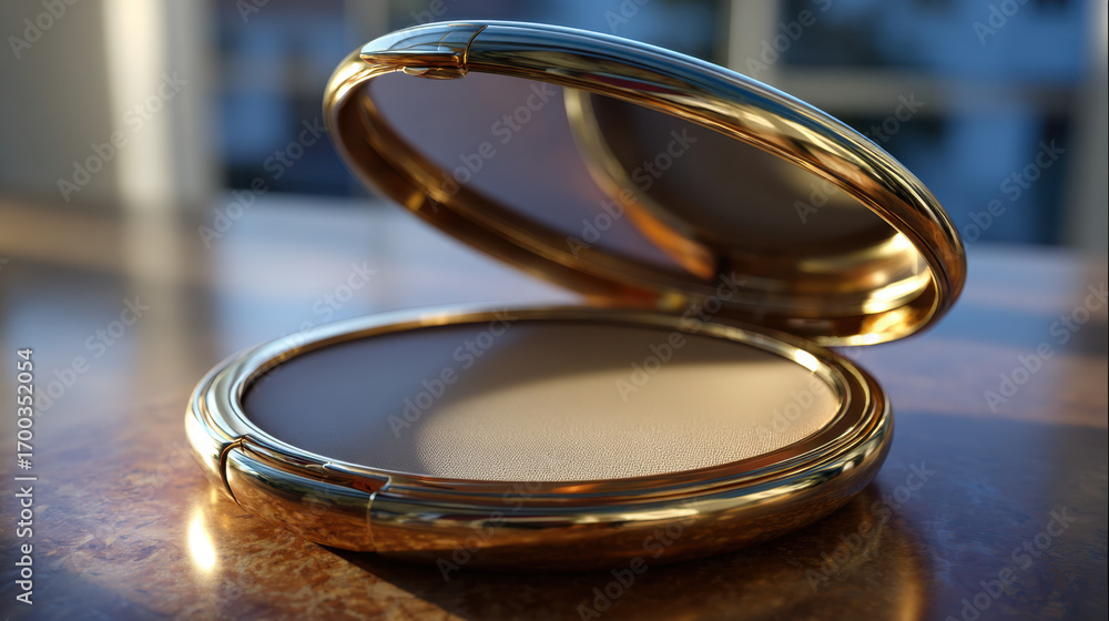 Aufkleber luxurious compact mirror with golden frame, elegantly opened to reveal smooth surface. soft lighting