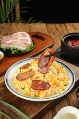 Fried Rice with Sausage on Wooden Table - Asian Cuisine Meal Setup
