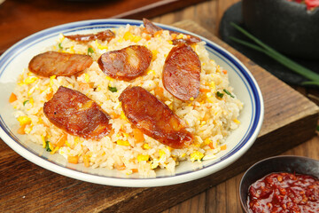 Fried Rice with Sausage and Vegetables on Wooden Table - Asian Comfort Food