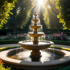 Rose garden fountain in sunlight  