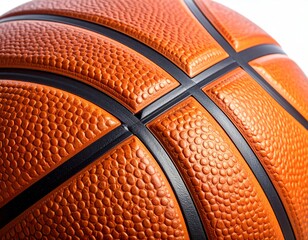 close-up picture of a basketball's surface, highlighting the textured material and stitched seams.