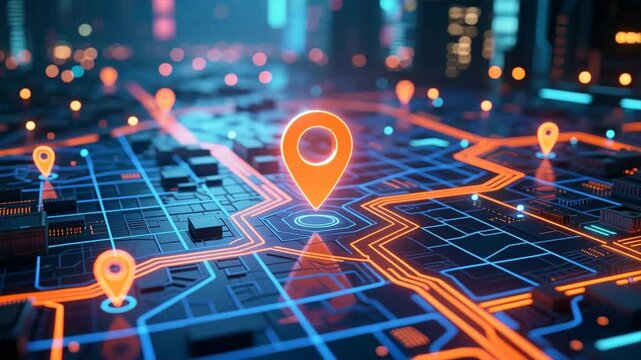 The futuristic cyberpunk digital map with glowing neon orange pin markes and data nodes, showing smart navigation with route optimization software, route planner, route software