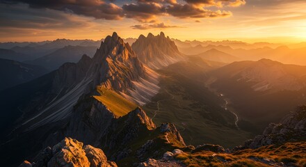 Majestic Mountain Landscape at Sunrise with Golden Light