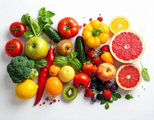 Bright and colorful mix of fresh fruits and vegetables on a white background, including grapefruit, apples, tomatoes, cucumbers, broccoli, peppers, kiwi, and berries.