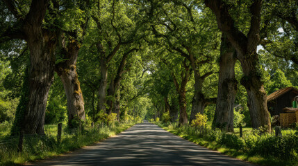 Serene tree lined road creates peaceful atmosphere, inviting travelers to explore lush greenery and natural beauty surrounding them. sunlight filters through leaves, enhancing tranquil scene
