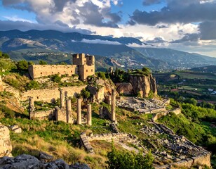 Obraz premium A sweeping vista of ancient ruins nestled within a verdant valley, framed by majestic mountains under a dramatic sky.