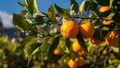 Bright photo of an orange tree branch with glossy green leaves, white blossoms, and ripe golden-orange fruits glowing under natural daylight in a fresh orchard setting.
