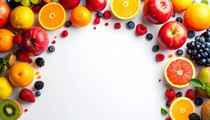 A vibrant and colorful top-down shot of a variety of fresh, ripe fruits neatly arranged, creating a natural border around a clean white background with copy space.

