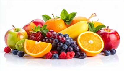 Vibrant pile of assorted mixed fruits and berries, including oranges, apples, and grapes. A fresh, healthy food concept for diet and nutrition, isolated on a white background.