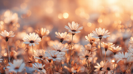 Delicate white flowers bloom in sunlit field, creating serene and enchanting atmosphere. soft bokeh effect enhances beauty of nature, evoking feelings of tranquility and joy