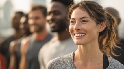Smiling active woman in a diverse group of athletes standing together outdoors after a workout or marathon
