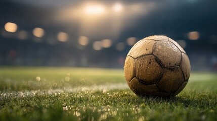 Fototapeta premium Vintage soccer ball covered in mud and water droplets resting on the wet grass of a stadium field at night with blurred lights