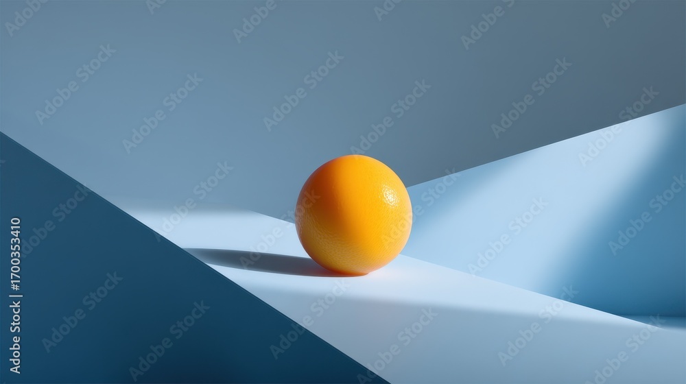 Aufkleber abstract architectural scene with a single orange sphere on a blue geometric background creating har