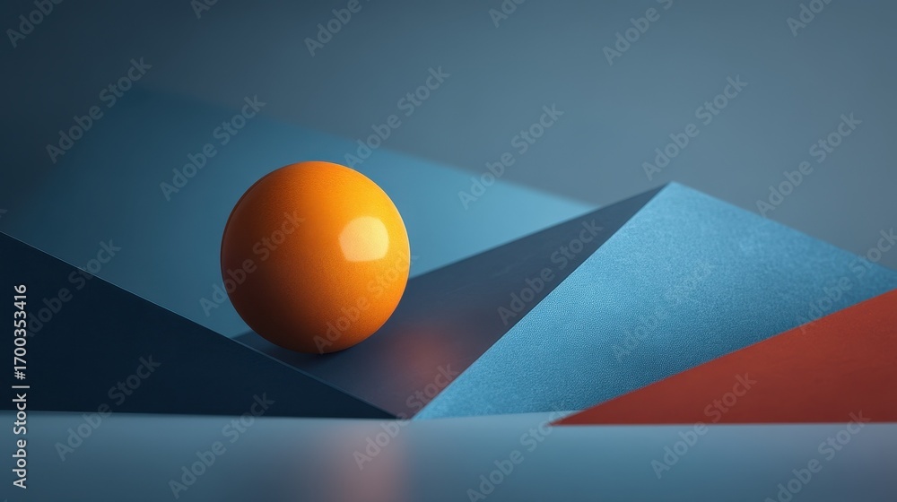Aufkleber vibrant orange sphere balanced on sharp angular blue geometric planes in a modern minimalist abstrac