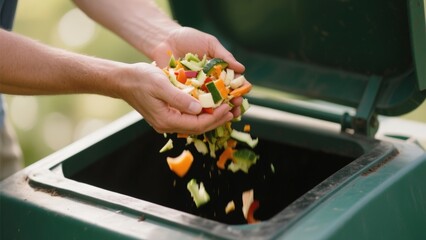 Hands dropping vegetable scraps into a compost bin for recycling waste.