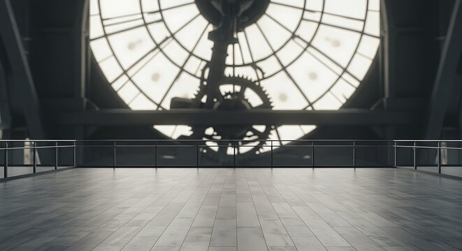 Fototapeta Mockup of interior view of a large clock mechanism behind a glass window for commercial usage