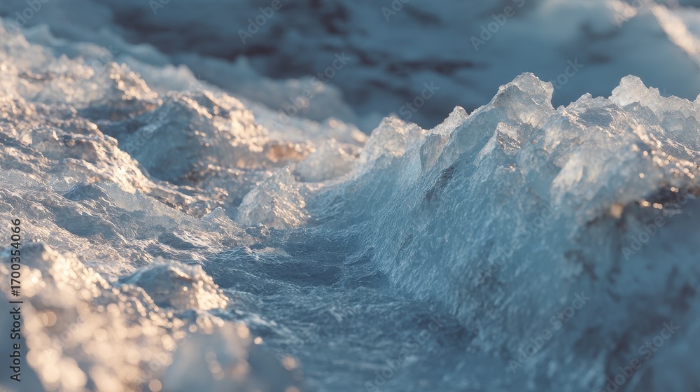 Aufkleber detailed macro view of frozen ice formations and crystals on a cold water surface with soft sunlight