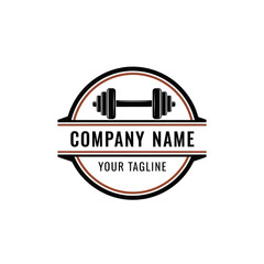 Vintage-style logo featuring a dumbbell, company name, and tagline.