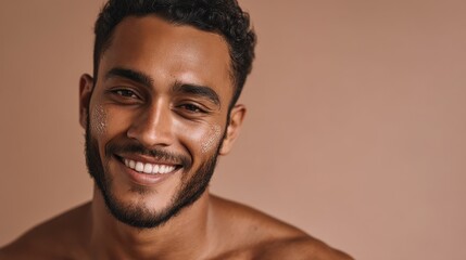 Handsome smiling man with a beard applying face scrub for a skincare routine on a neutral background with copy space