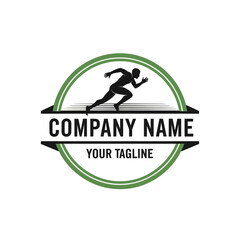 Silhouette of a runner in motion, centered within a green circular frame and a horizontal banner for company name and tagline.