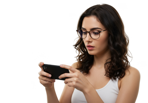Young woman wearing glasses playing on her smartphone isolated on transparent background