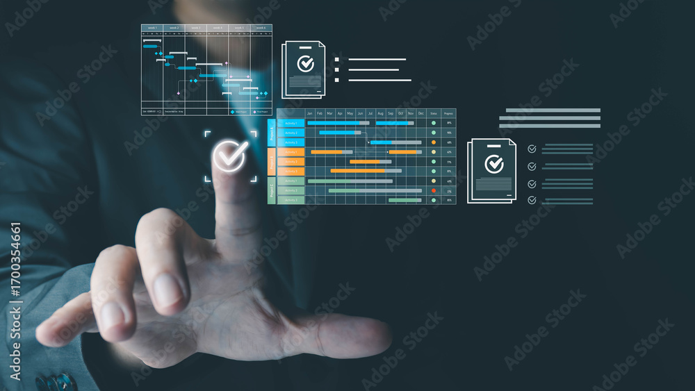 Aufkleber a businessman in a suit interacts with a futuristic digital interface, touching a glowing icon to ma