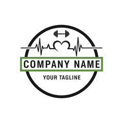 Fitness company logo featuring a heart, weights, and heartbeat graphic.