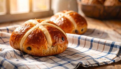 Freshly baked, golden croissants on a wooden board, a delicious pastry for an Easter morning breakfast in Switzerland.