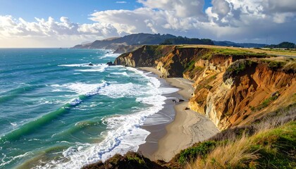 Obraz premium Dramatic coastal scenery unfolds with powerful waves crashing against a colorful cliffside.