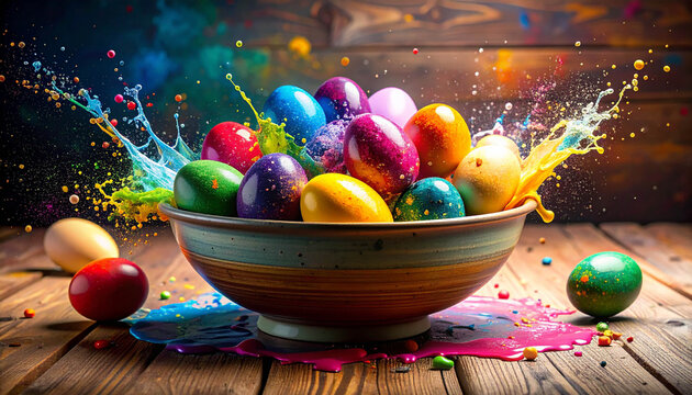 A bowl filled with brightly colored, dyed Easter eggs, ready for a holiday celebration in Switzerland. - Powered by Adobe