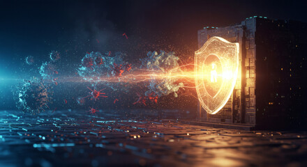 Conceptual illustration of a powerful digital shield providing robust protection against online viruses and malware