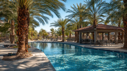 Obraz premium Serene swimming pool surrounded by lush palm trees and gazebo creates tranquil oasis. clear blue water reflects sunlight, inviting relaxation and leisure in beautiful outdoor setting